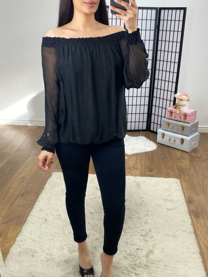 Hilder Plain Sheer Sleeve Bardot Top
