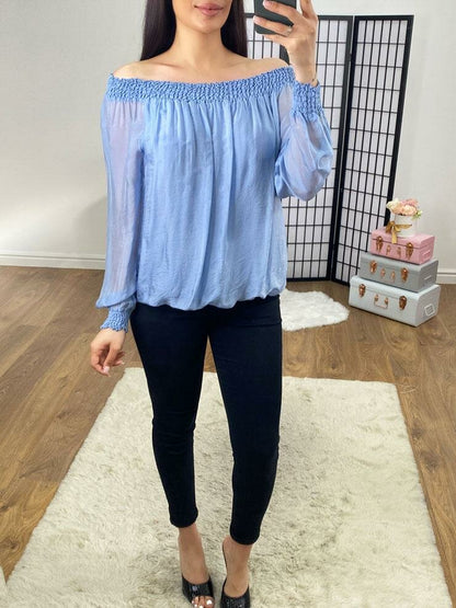 Hilder Plain Sheer Sleeve Bardot Top