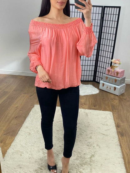 Hilder Plain Sheer Sleeve Bardot Top