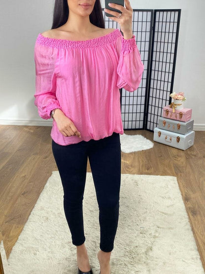 Hilder Plain Sheer Sleeve Bardot Top