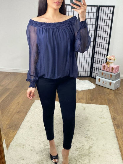 Hilder Plain Sheer Sleeve Bardot Top