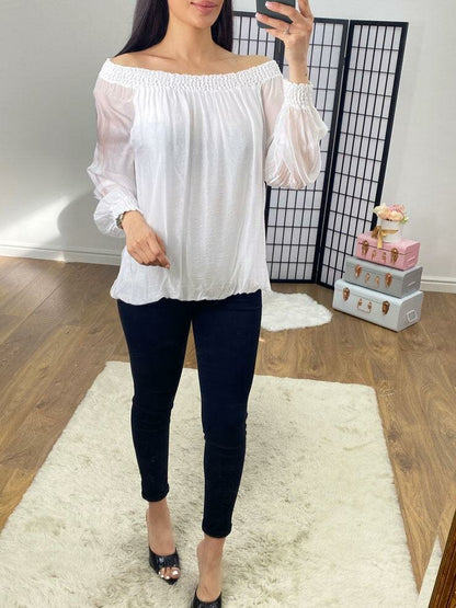 Hilder Plain Sheer Sleeve Bardot Top
