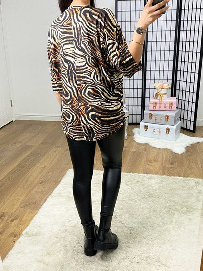 Hunny Tan Tiger Print Zip Detail Super Soft Batwing Top