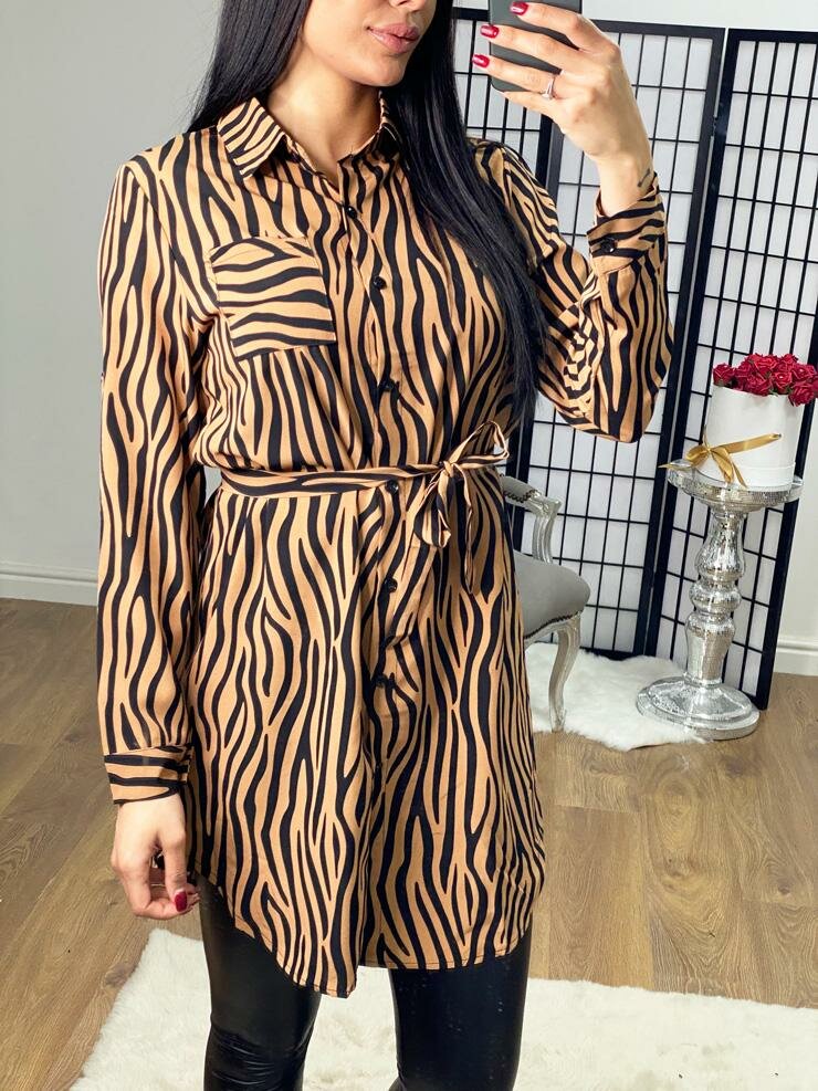 Rosaleigh Zebra Print Tie Waist Button Blouse