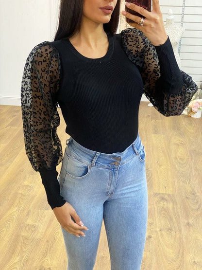 Kris Leopard Print Puff Sleeve Ribbed Knit Jumper