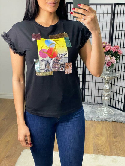 Agata Sequin Picture Slogan Lace Frill Sleeve T-shirt