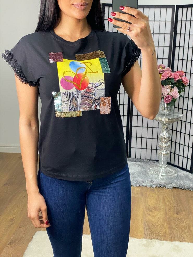 Agata Sequin Picture Slogan Lace Frill Sleeve T-shirt