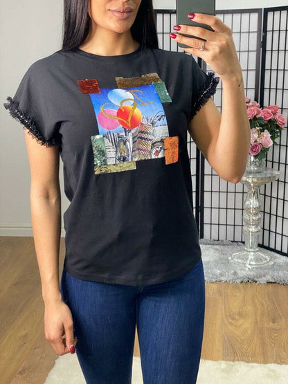 Agata Sequin Picture Slogan Lace Frill Sleeve T-shirt