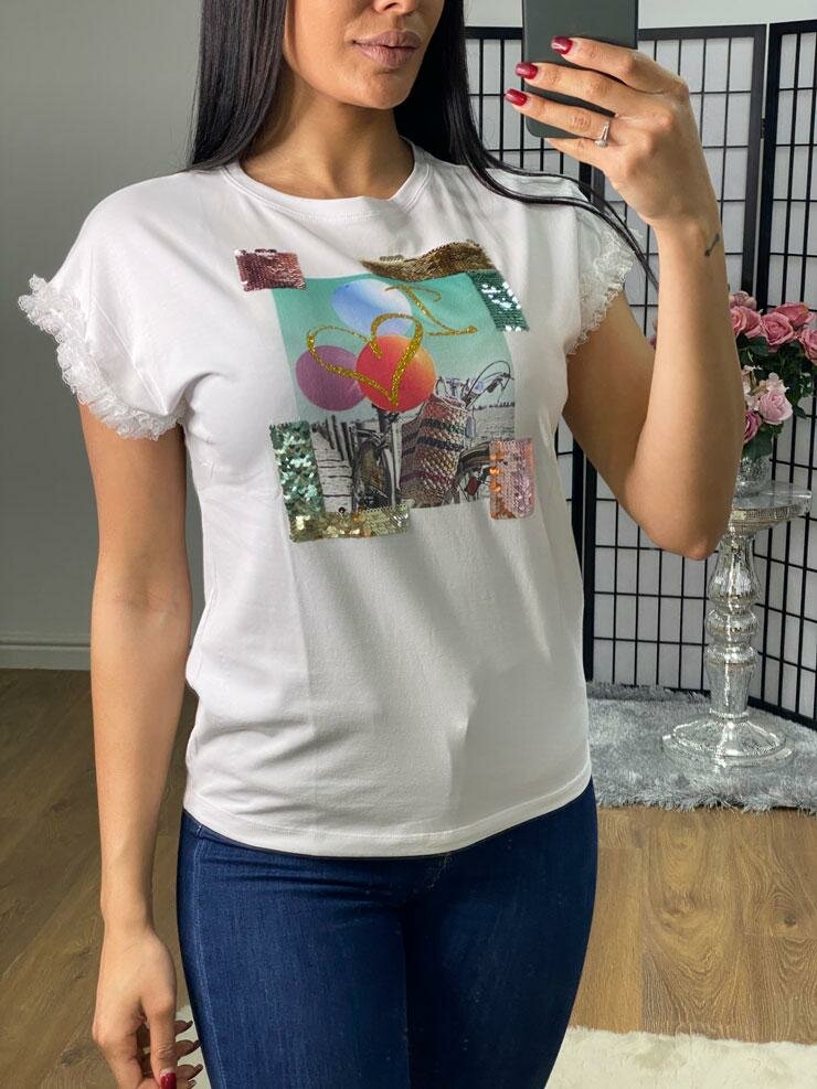 Monique Sequin Picture Slogan Lace Frill Sleeve T-shirt