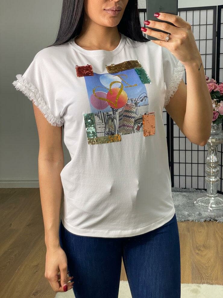 Monique Sequin Picture Slogan Lace Frill Sleeve T-shirt