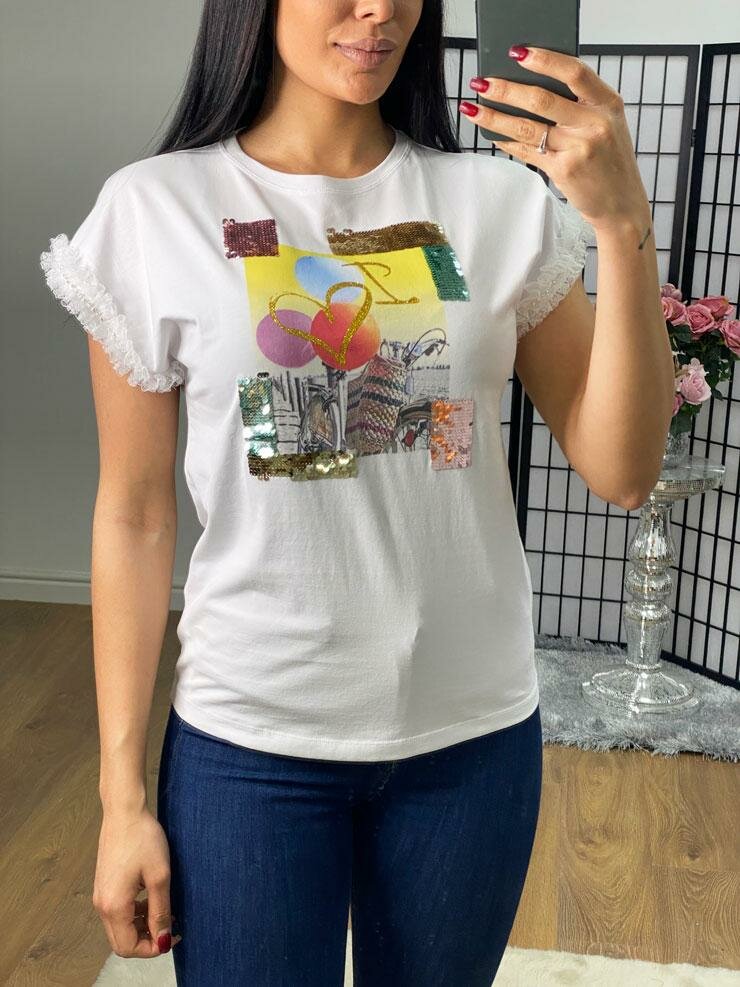 Monique Sequin Picture Slogan Lace Frill Sleeve T-shirt