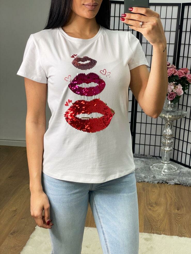 Sage Red Sequin Lips Detail T-Shirt