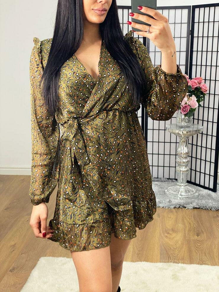Janella Khaki Glitter Detailed Frill Printed Wrap Dress