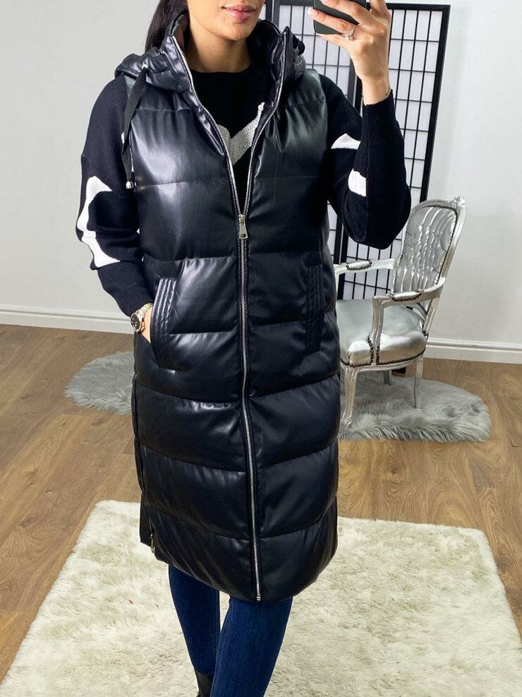 Barlie Black Faux Leather Hooded Longline Gilet