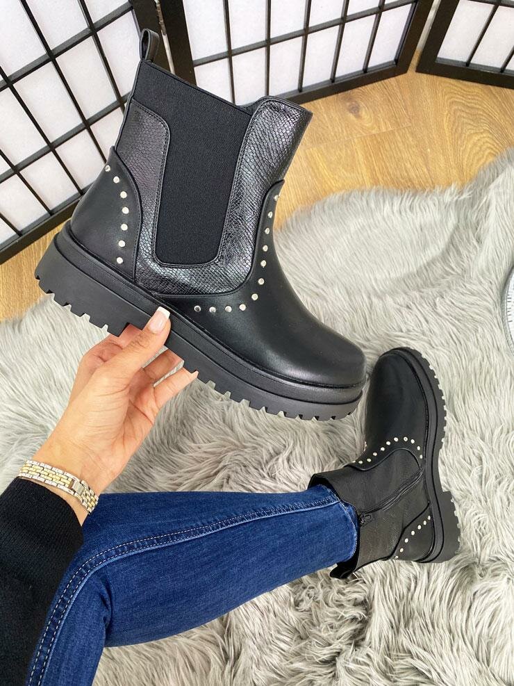 Kizzie Black Faux Leather Studded Biker Boots