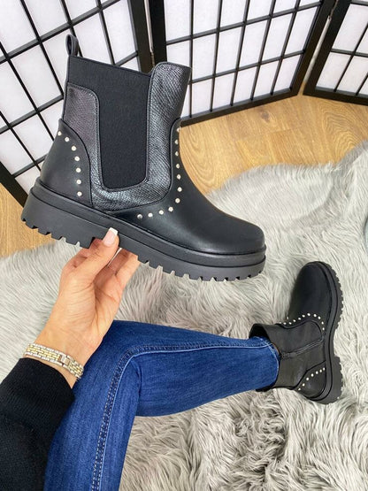 Kizzie Black Faux Leather Studded Biker Boots