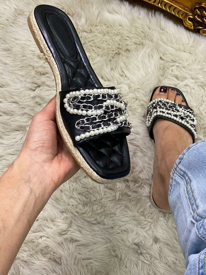 Teags Pearl Chain Faux Leather Detailed Sandals