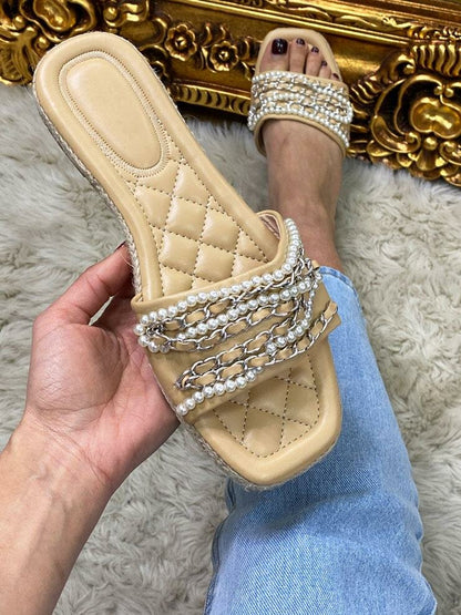 Teags Pearl Chain Faux Leather Detailed Sandals