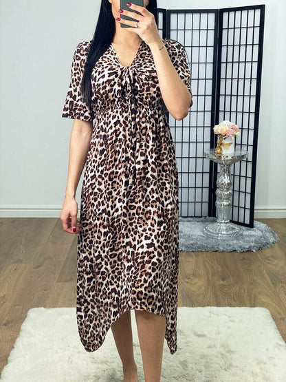 Darleen Leopard Print Tie Knot Drape Midi Dress