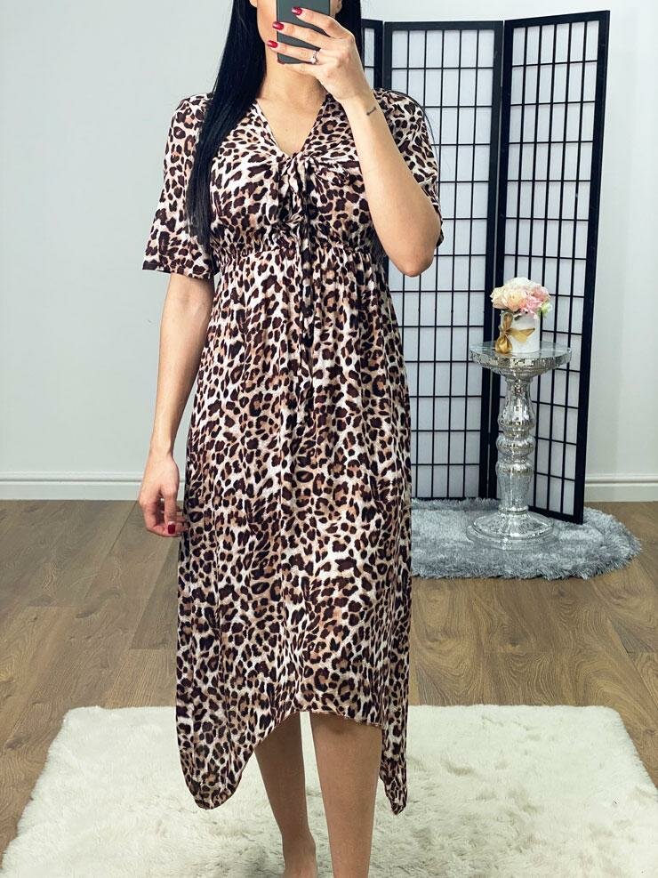 Darleen Leopard Print Tie Knot Drape Midi Dress