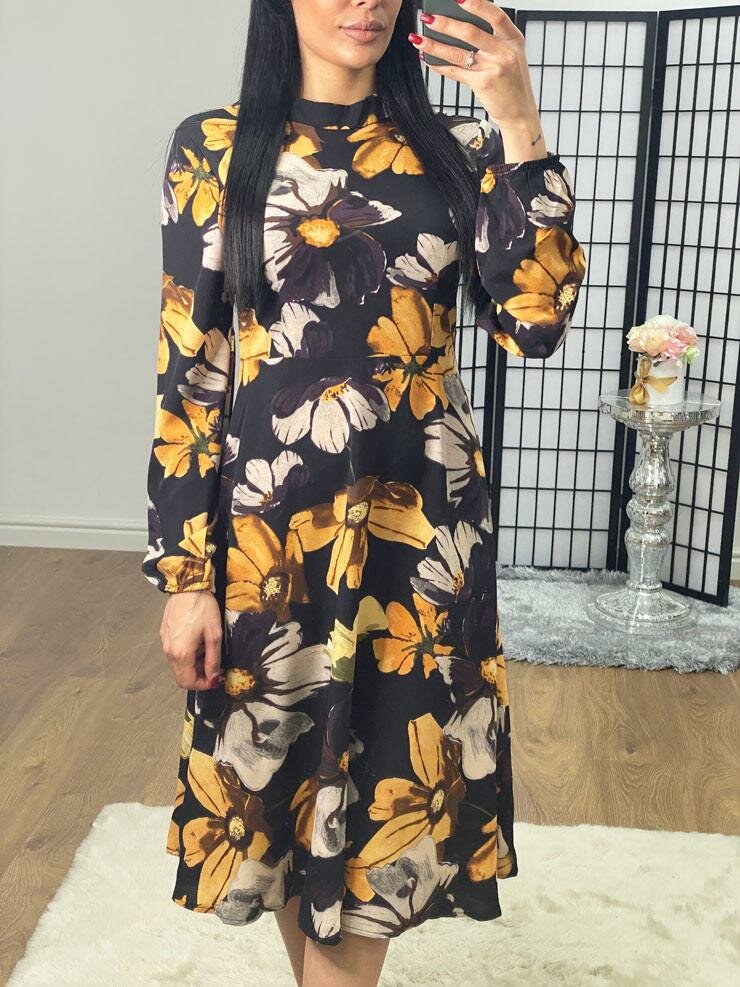 Marsella Mustard Floral Printed Midi Swing Dress