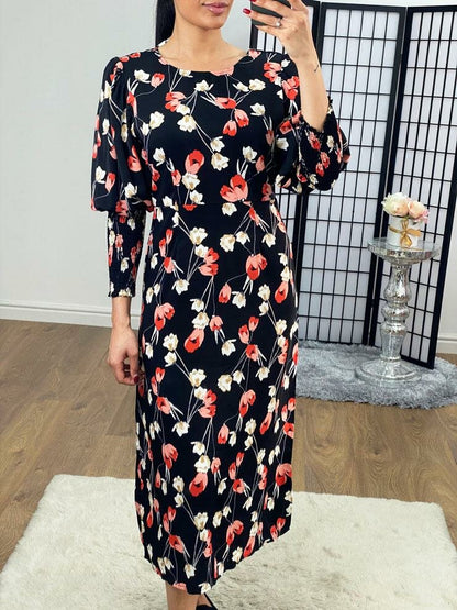Kiran Floral Black Elasticated Puff Sleeve Midi Dress