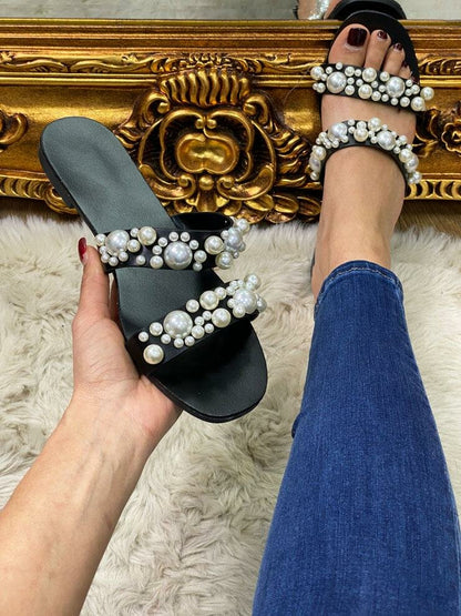 Norma Faux Leather Pearl Strappy Slip On Sandals