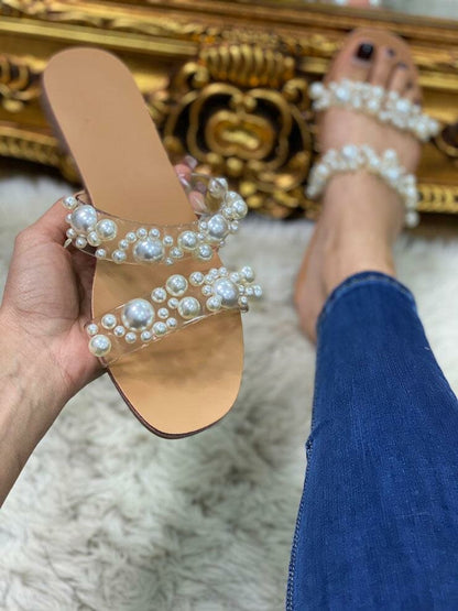 Norma Faux Leather Pearl Strappy Slip On Sandals
