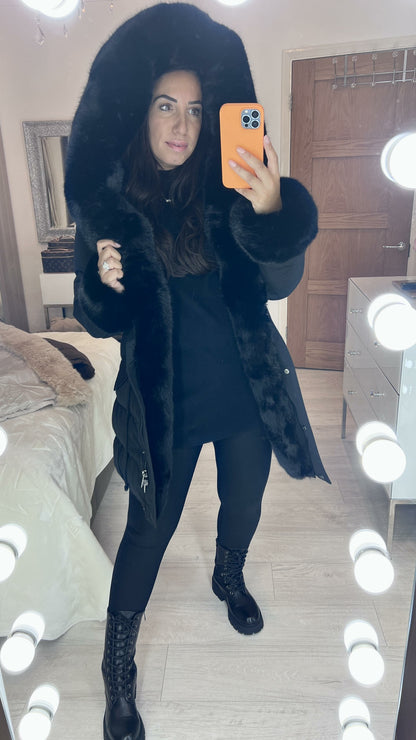 Vienna Black Luxury Faux Fur Trim Coat