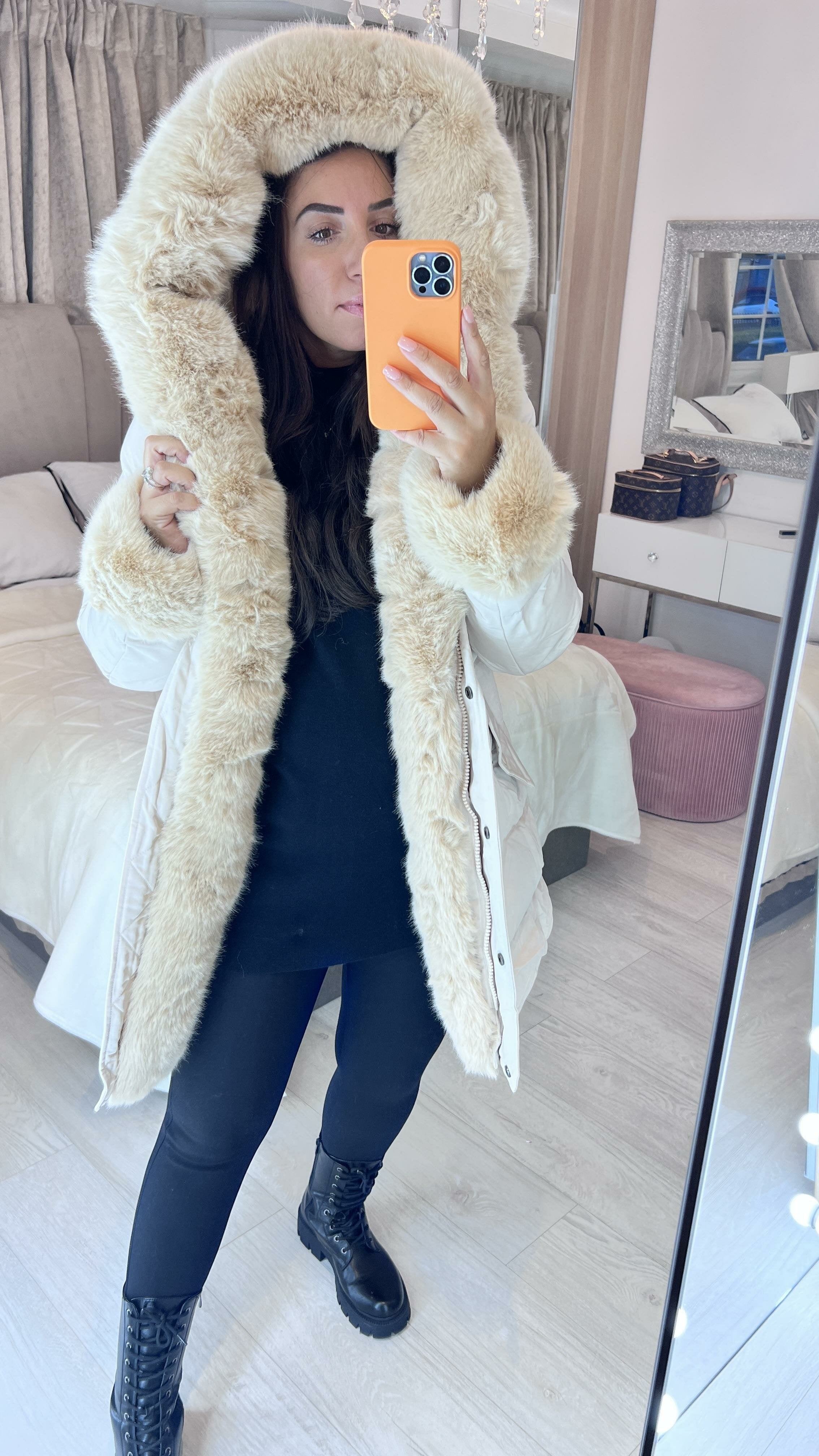 Vienna Beige Luxury Faux Fur Trim Coat