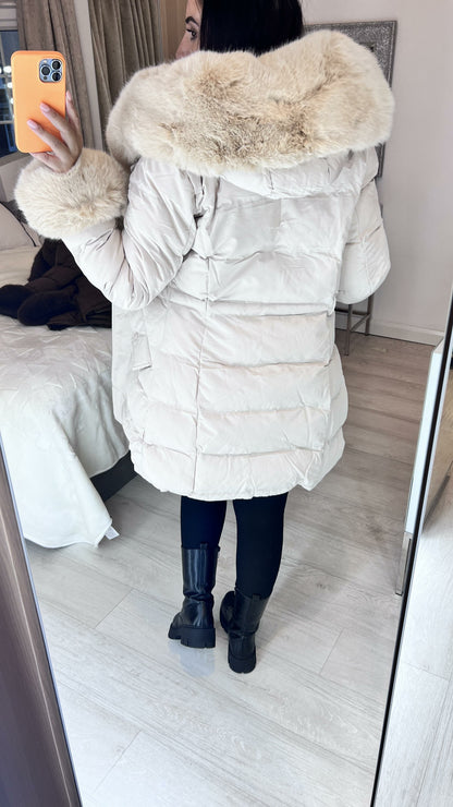 Vienna Beige Luxury Faux Fur Trim Coat