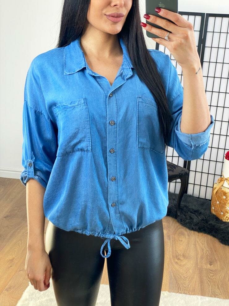 Kandy Rouched Tie Hem Denim Pocket Shirt