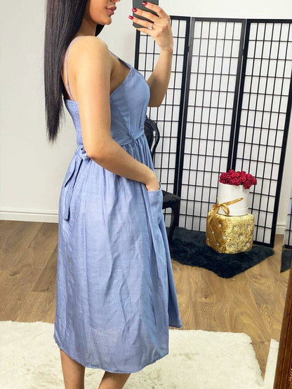 Natalia Button Detailed Tie Waist Floaty Dress