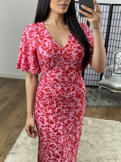 Breanna Pink Tie Waist Floaty V-neck Swing Dress
