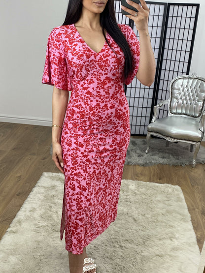 Breanna Pink Tie Waist Floaty V-neck Swing Dress