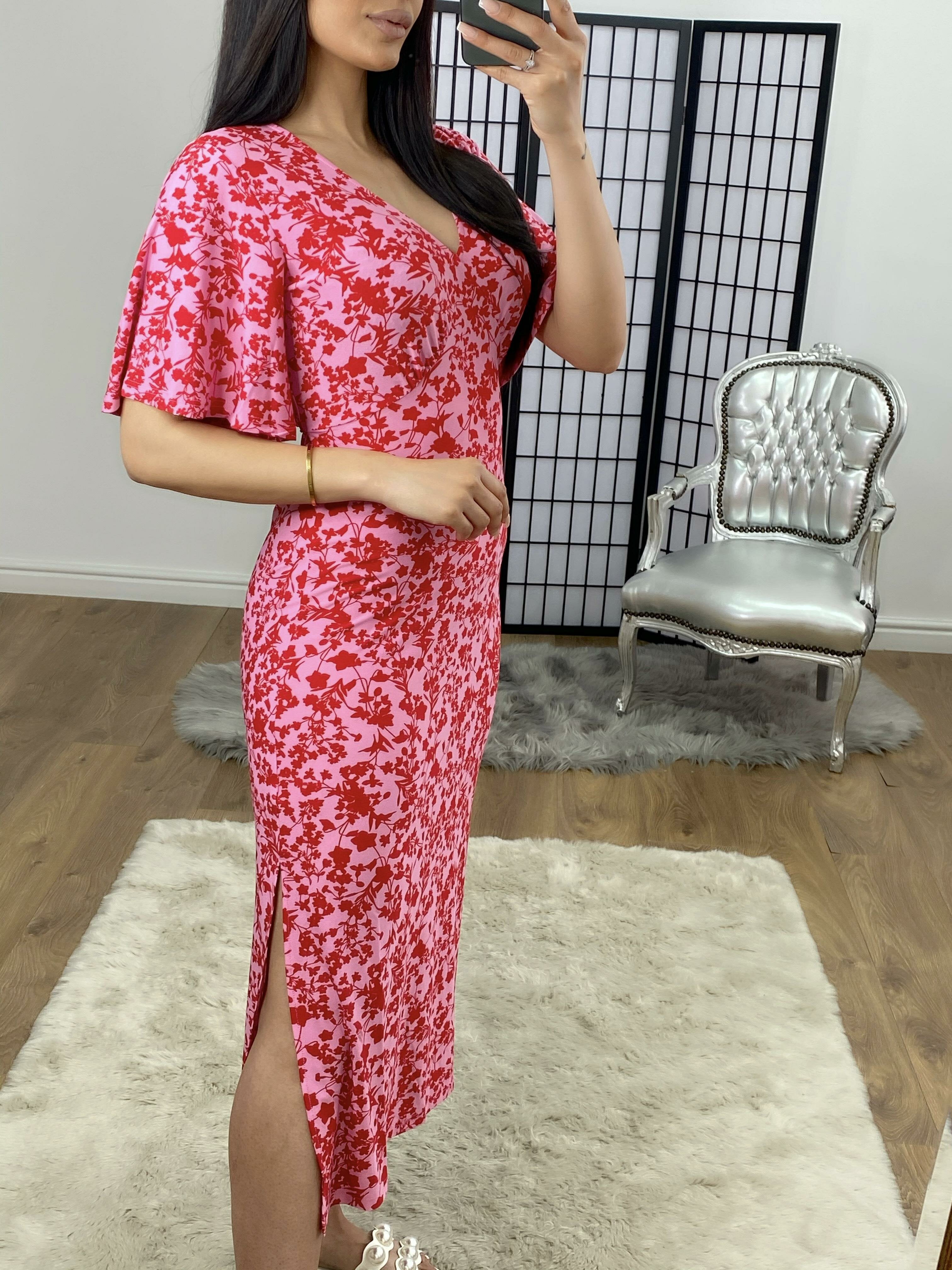 Breanna Pink Tie Waist Floaty V-neck Swing Dress