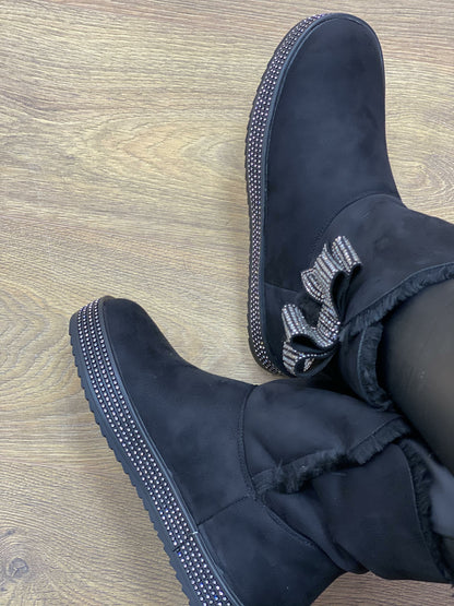 Melcie Black Faux Suede Diamante Bow Detailed Boots
