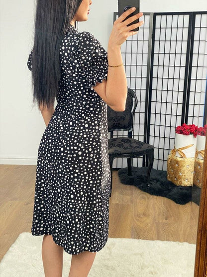 Carneal Polka Dot Puff Sleeve Tie Neck Midi Dress