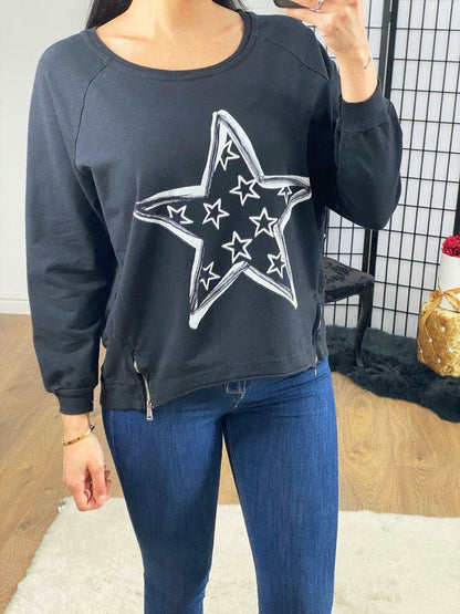 Fergie Star Printed Dipped Hem Zip Sweatshirt