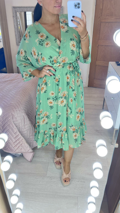 Cristala Green Floral Print Dip Hem Ruffle Dress