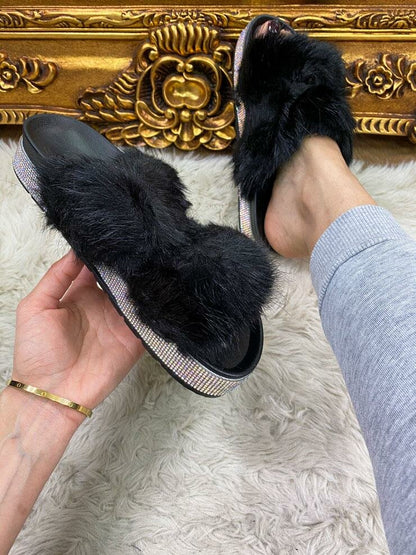 Ariela Faux Fur Diamante Detailed Slip On Sliders
