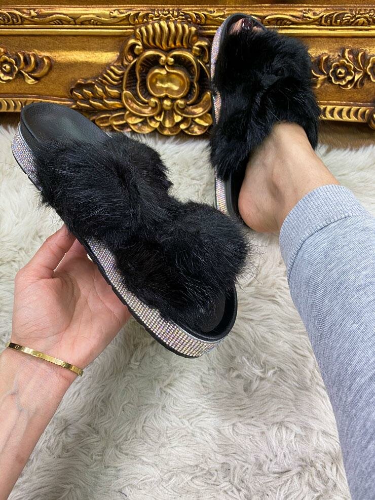 Ariela Faux Fur Diamante Detailed Slip On Sliders