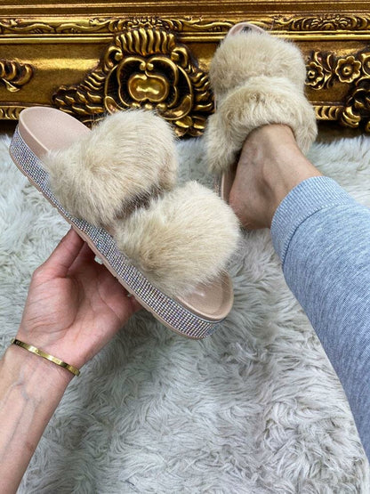 Ariela Faux Fur Diamante Detailed Slip On Sliders