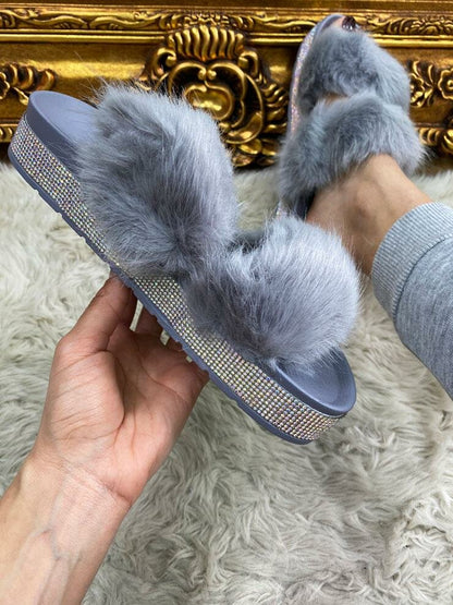 Ariela Faux Fur Diamante Detailed Slip On Sliders