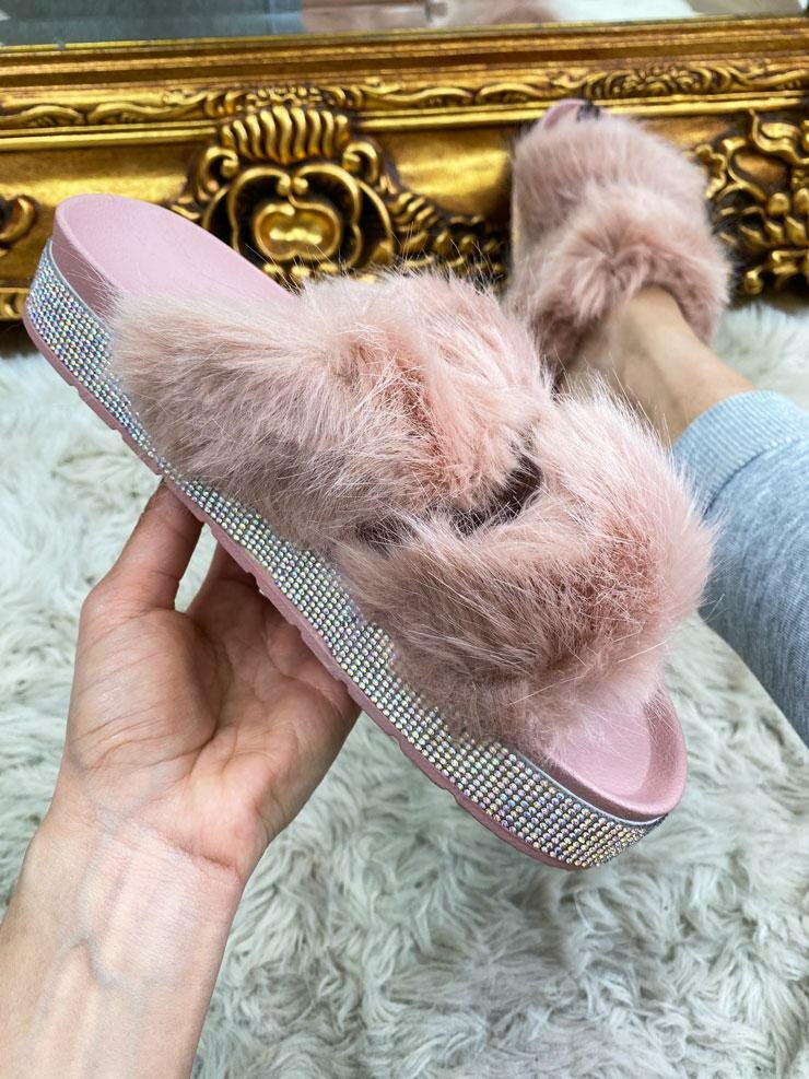 Ariela Faux Fur Diamante Detailed Slip On Sliders