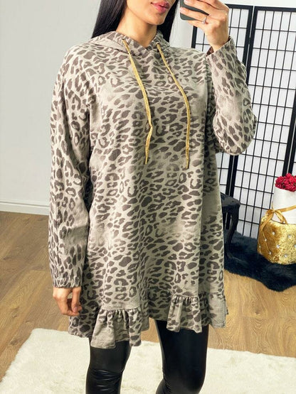 Rosabella Leopard print Frill Hem Hooded Sweatshirt