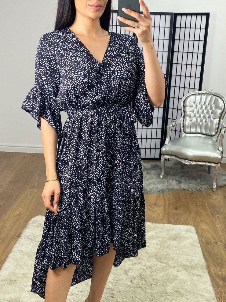 Inesa Navy Wrap Frill Tie Waist Detailed Printed Dress