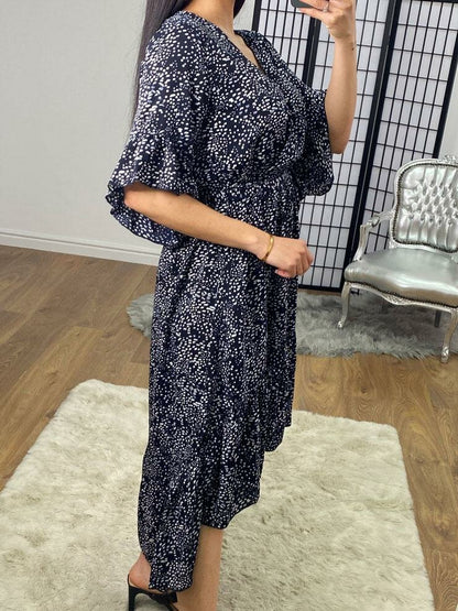 Inesa Navy Wrap Frill Tie Waist Detailed Printed Dress
