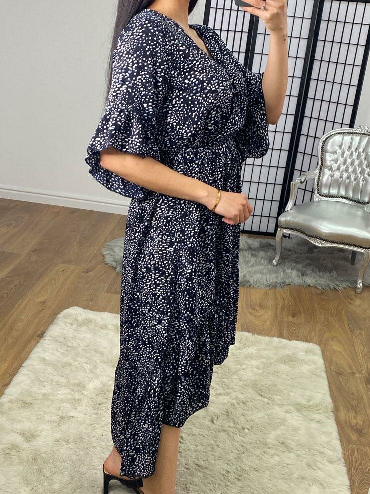 Inesa Navy Wrap Frill Tie Waist Detailed Printed Dress