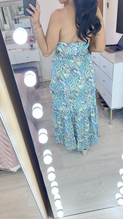 Hilarina Multi Blue Paisley Print Tiered Hem Maxi Dress